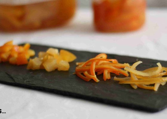 Pells de cítrics confitades